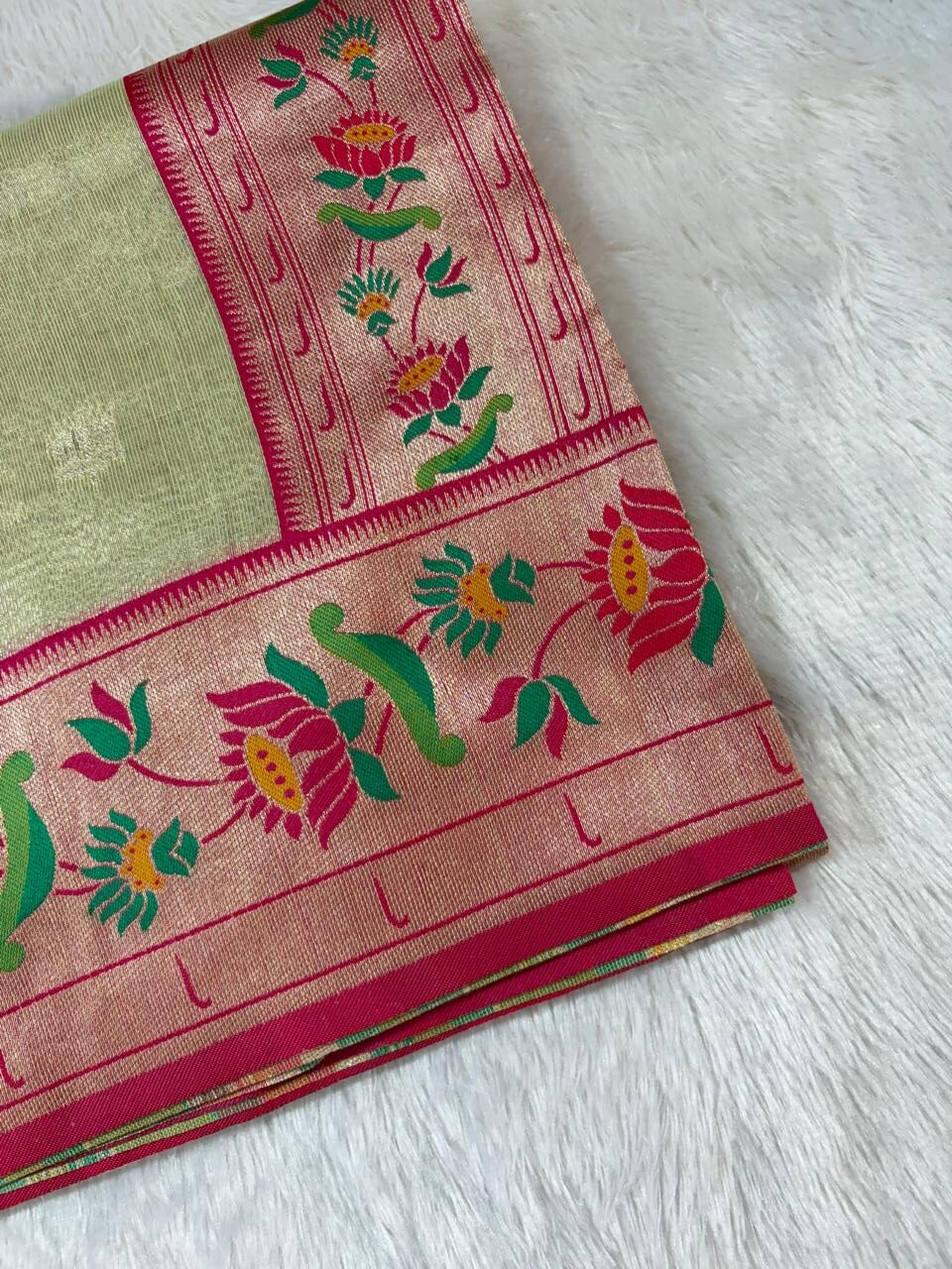 24.Plane Tissue Lotus Paithani Sadi ( प्लेन टिश्यू लोटस पैठणी साडी ) - Image 10